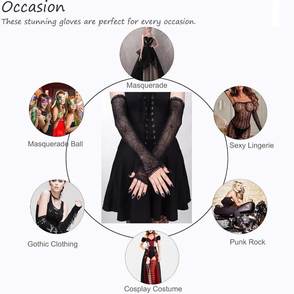 Women's Halloween Black 4 Dress Fingerless Spider Gothic Playing Lace Gloves
